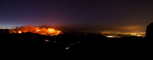 evening smoke and flames of Fourmile Canyon wildfire west of Boulder Fall 2010